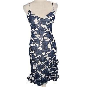 🏈 Floral Ruffle knee-length dress crisscross back spaghetti strap Small blue